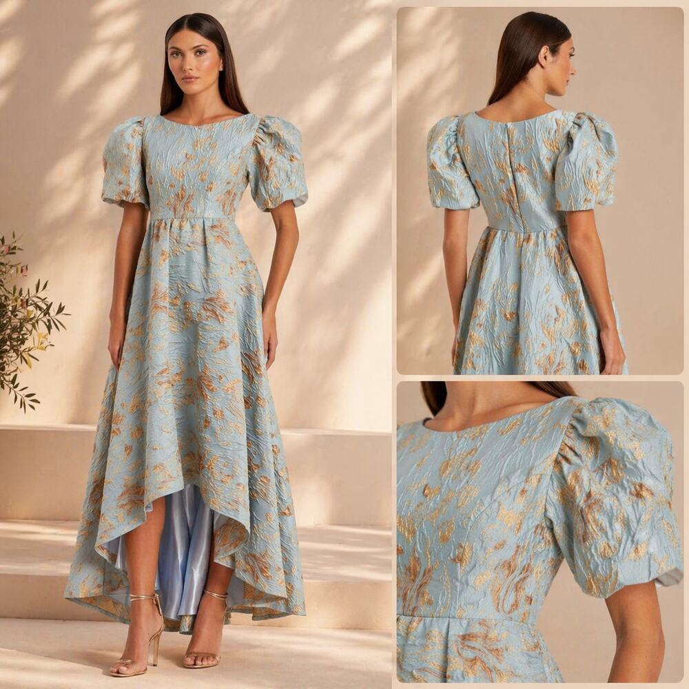 Mac Duggal 11608 Brocade Puff Sleeve High Low Gown Platinum Gold size 18